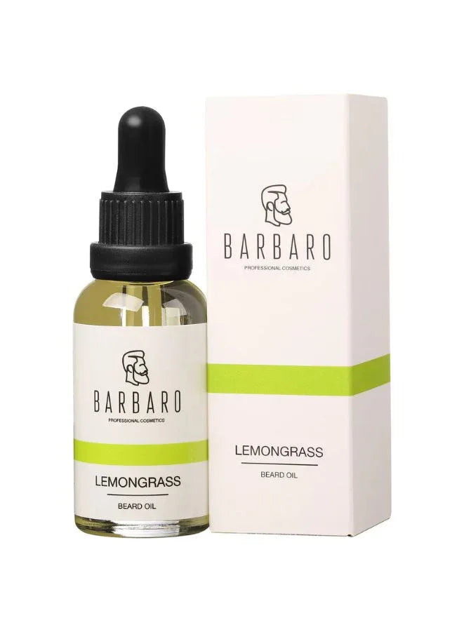Barbaro Lemongrass beard oil bottle and packaging on a white background