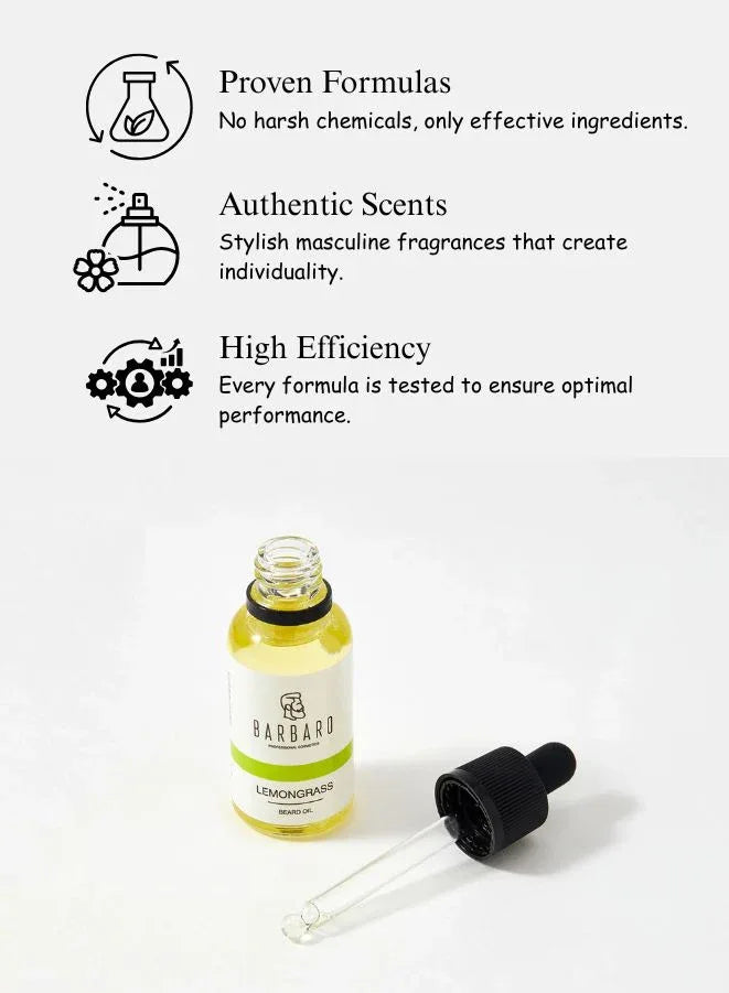 Bottle of lemon-scented oil with a dropper and text about proven formulas, authentic scents, and high efficiency on a white background.
