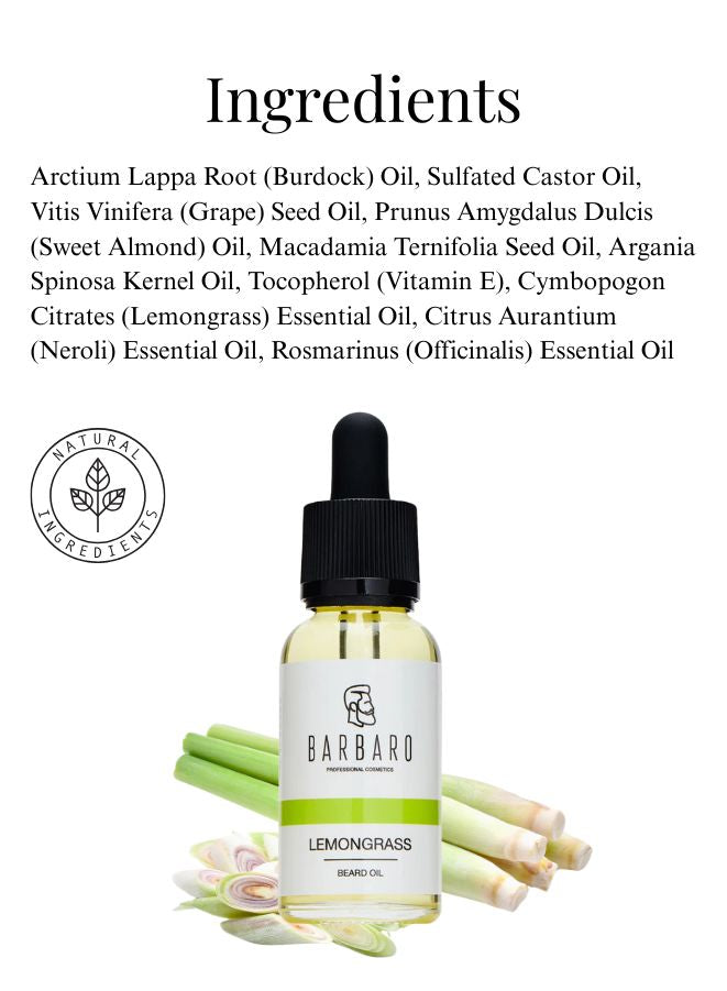 Barbaro Lemongrass essential oil bottle with ingredients list on a white background