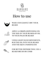 Instructions for using a beard oil product by Barbaro on a white background