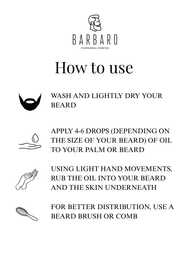 Instructions for using a beard oil product by Barbaro on a white background