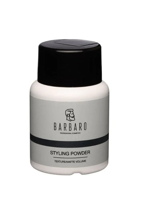 Barbaro hair styling powder container on a white background