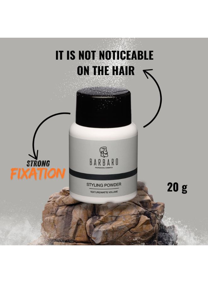 Barbaro styling powder container with text on a gray background