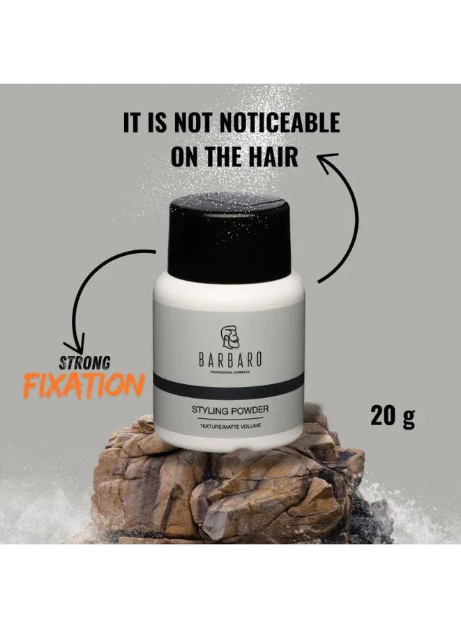 Barbaro styling powder container with text on a gray background