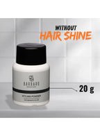 Barbaro styling powder container with text 'Without Hair Shine' and '20g' on a gray background