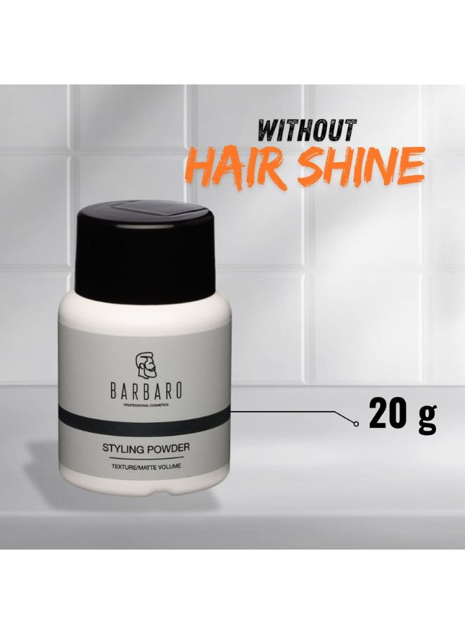 Barbaro styling powder container with text 'Without Hair Shine' and '20g' on a gray background