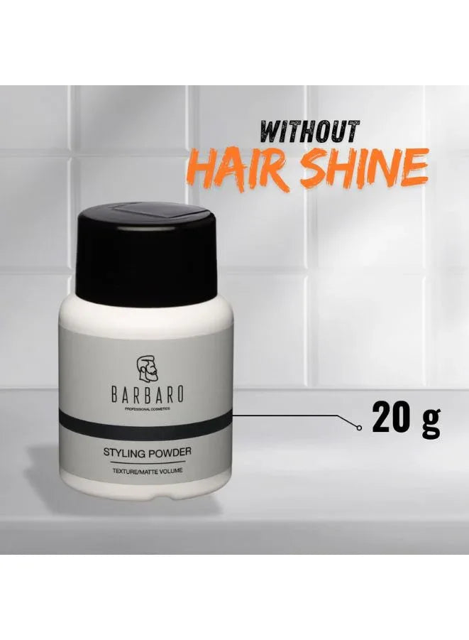 Barbaro styling powder container with text 'Without Hair Shine' and '20g' on a gray background