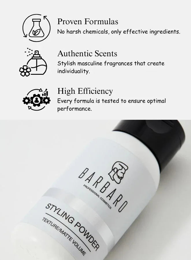 Barbaro hair styling powder with product features listed above it on a white background