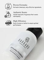 Barbaro hair styling powder with product features listed above it on a white background