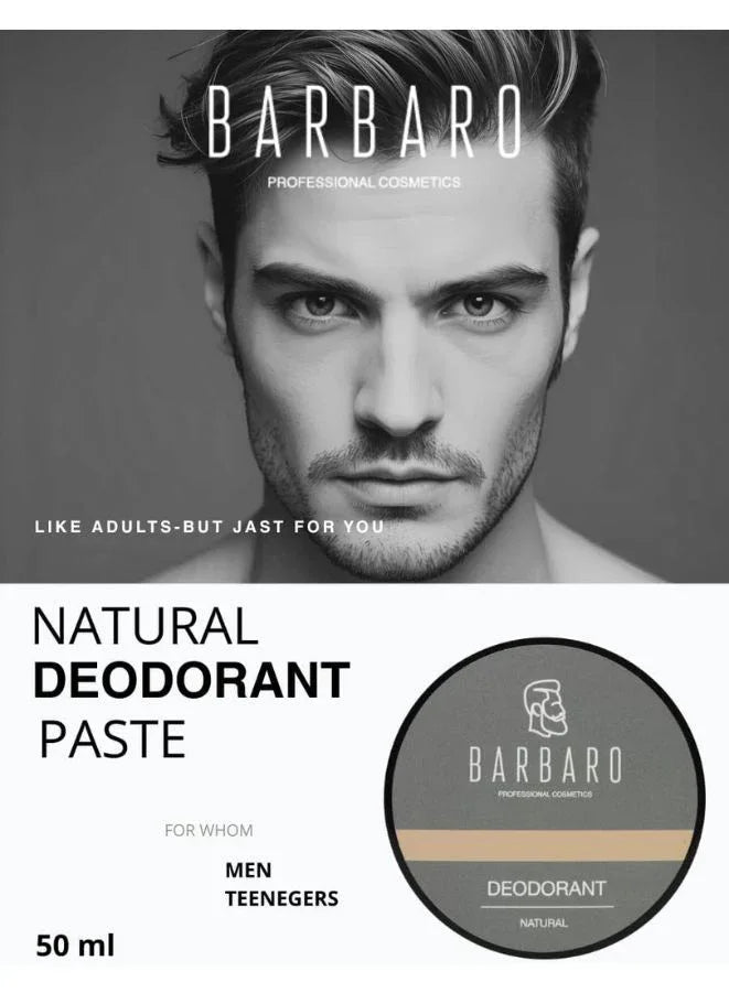 Barbaro deodorant packaging with a man's face and product details.
