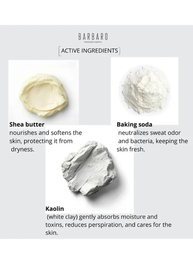 Active ingredients of a Barbaro deodorant with shea butter, baking soda, and kaolin on a white background.