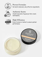 Barbaro deodorant jar with product features on a white background