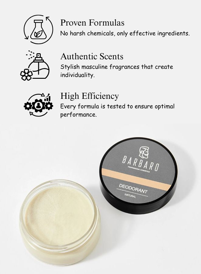 Barbaro deodorant jar with product features on a white background