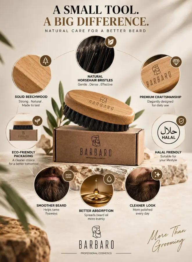 Barbaro beard brush set displayed on a kraft box with multiple feature callout circles around it, including solid beechwood packaging, natural horsehair bristles, premium craftsmanship, eco-friendly packaging, halal friendly, smoother beard, better absorption, and cleaner look. Text at the top reads 'A SMALL TOOL.