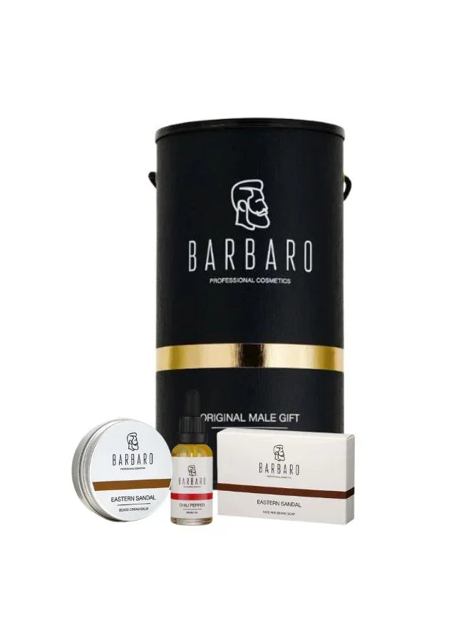 Barbaro grooming products including a beard oil, beard cream, and beard soap on a white background