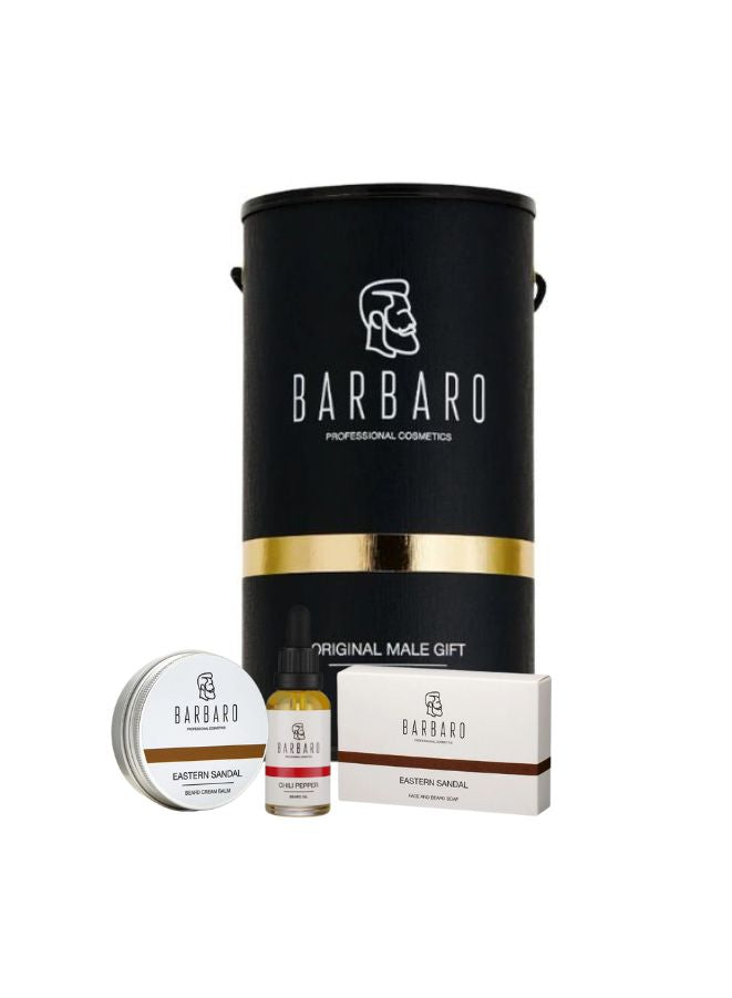 Barbaro grooming products including a beard oil, beard cream, and beard soap on a white background