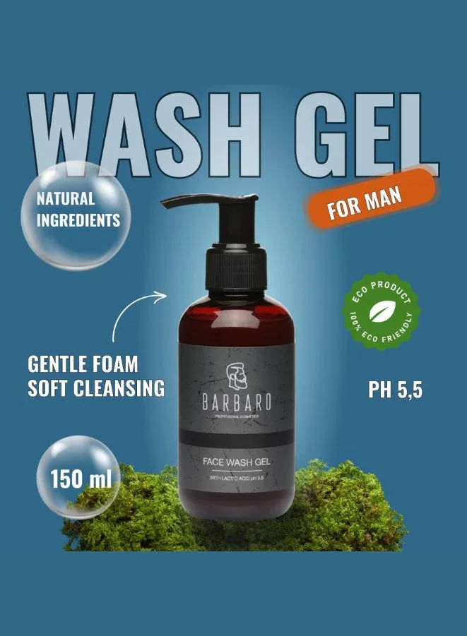 Barbaro Men’s Face Wash Gel with Lactic Acid – Natural Cleansing Gel for Beard Care & Sensitive Skin, 150 ml