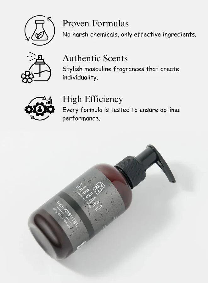 Barbaro Men’s Face Wash Gel with Lactic Acid – Natural Cleansing Gel for Beard Care & Sensitive Skin, 150 ml