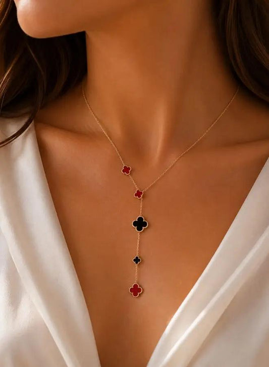 Stylish Double Sided Red and Black Clover Shell Pendant Necklace for Women - Timeless Beauty in Stainless Steel 18k