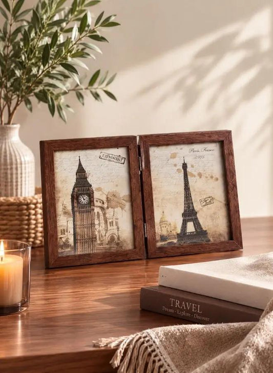 Dual-Fold Wooden Photo Frame – Display 4 Photos | Dark Brown