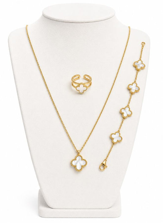 Four Leaf Clover White Chain, Bracelet, and Ring Set for Women |  A Symbol of Luck and Good Will for Women