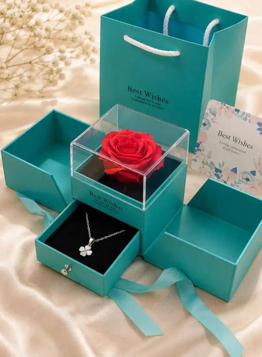 Rose Flower Jewelry Box and Silver clover Pendant Necklace With Greeting Card and Bag, Rose Gift for Valentine's Day
