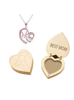 Heart-Shaped Wooden Jewelry Box with "Best Mom" Engraving & Glamorous MOM Choker Necklace – Gift Set for Mother’s Day