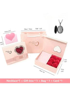 Set of jewelry items including a necklace, gift box, bag, and card with measurements on a white background.