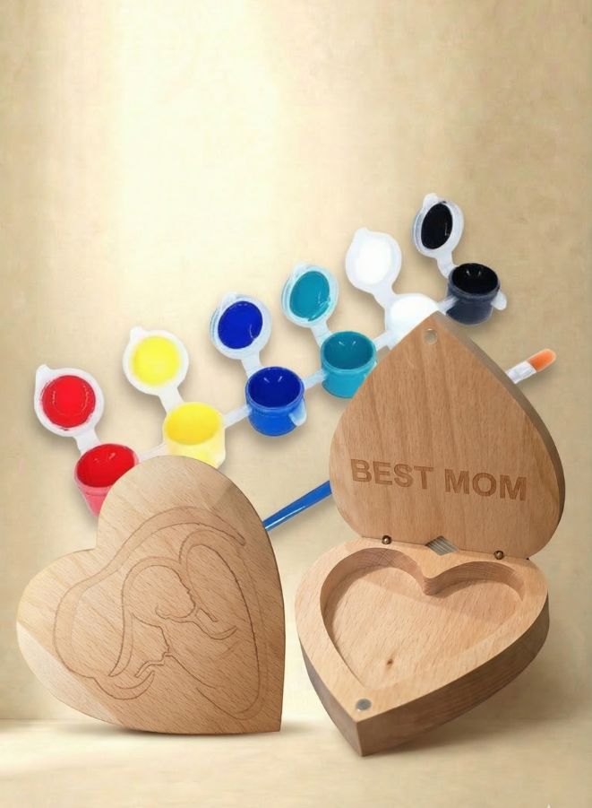 Heart-Shaped DIY Wooden Keepsake Box with Necklace – Personalized Mother’s Day Gift Set with Paint Kit
