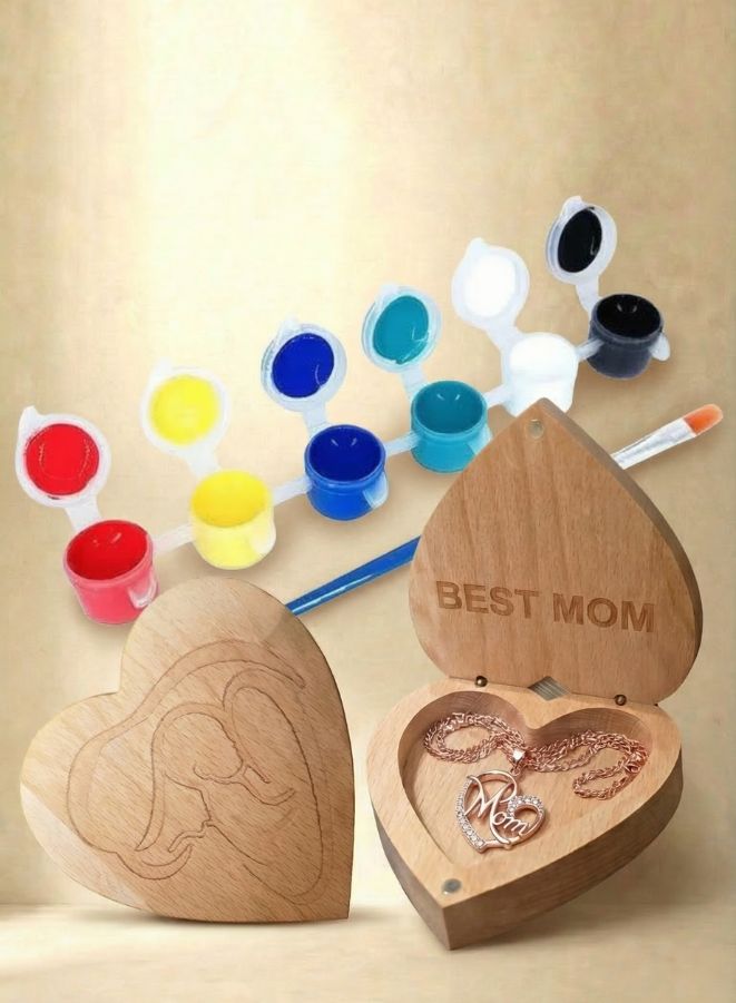 Heart-Shaped DIY Wooden Keepsake Box with Necklace – Personalized Mother’s Day Gift Set with Paint Kit