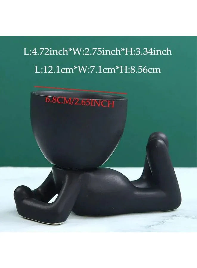 أصيص نباتات خزفي صغير على شكل إنسان - أصيص صبار أسود مزخرف للنباتات العصارية والمكتب وديكور غرفة المعيشة (النبات غير متضمن)