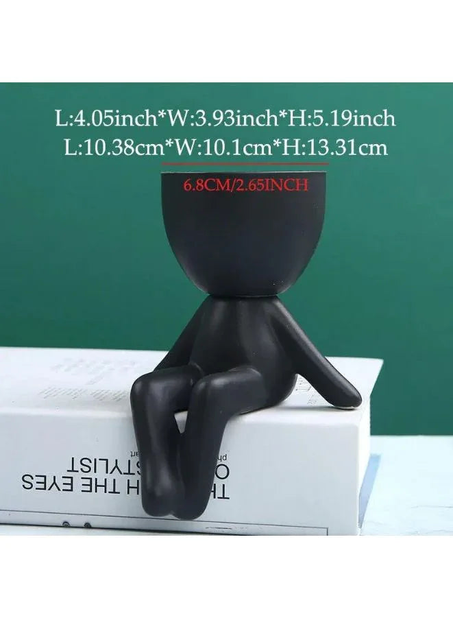 أصيص نباتات خزفي صغير على شكل إنسان - أصيص صبار أسود مزخرف للنباتات العصارية والمكتب وديكور غرفة المعيشة (النبات غير متضمن)