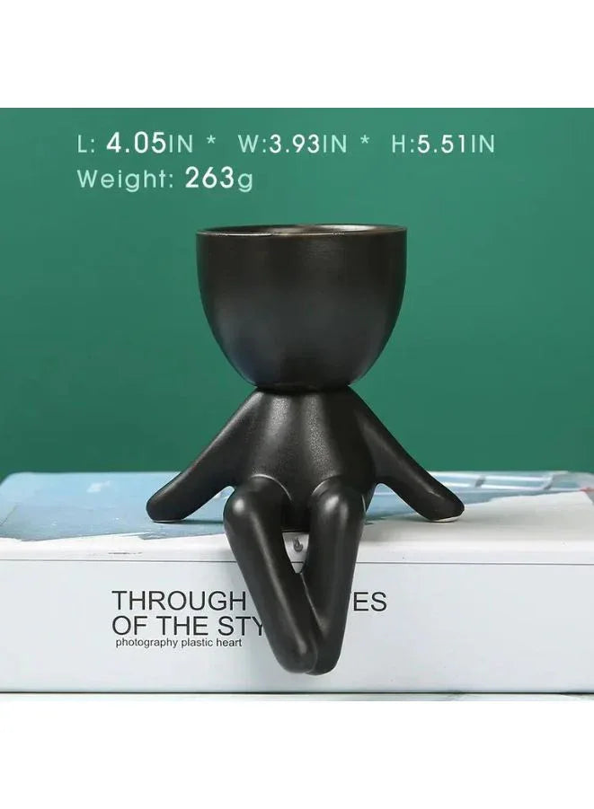 أصيص نباتات خزفي صغير على شكل إنسان - أصيص صبار أسود مزخرف للنباتات العصارية والمكتب وديكور غرفة المعيشة (النبات غير متضمن)