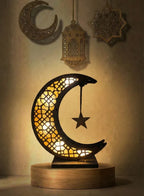 Ramadan Eid Mubarak Ornaments Wooden Moon Shape Night Light LED Muslim Ramadan Table Light Crafts Desktop Decoration for Festival Home Party