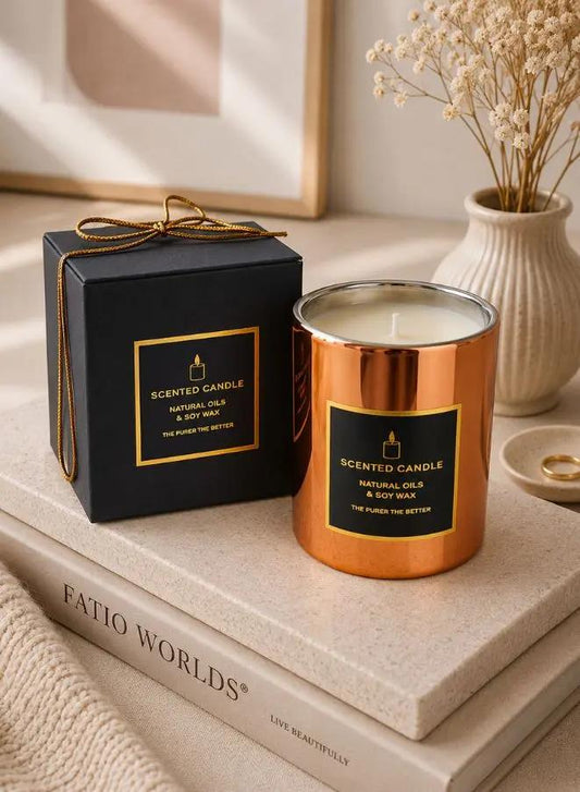 Soy Wax Scented Candle in Gold Glass Jar – Oud & Amber | 230g, ~45 Hours Burn Time
