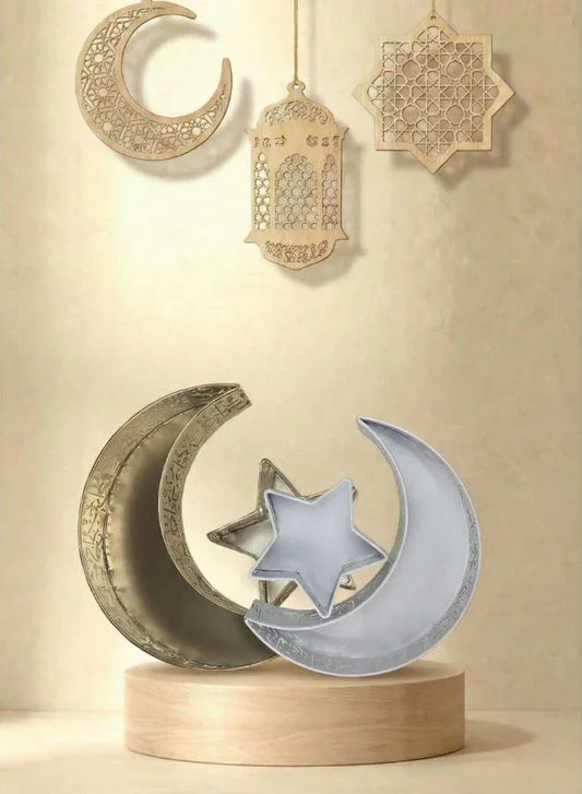 2 Pcs Ramadan Moon Star Shaped Trays Metal Serving Dishes Islamic Ramadan Table Decoration Moon and Star Ramadan Tray for Dessert, Dry fruits and Pastry Plates Muslim Party
