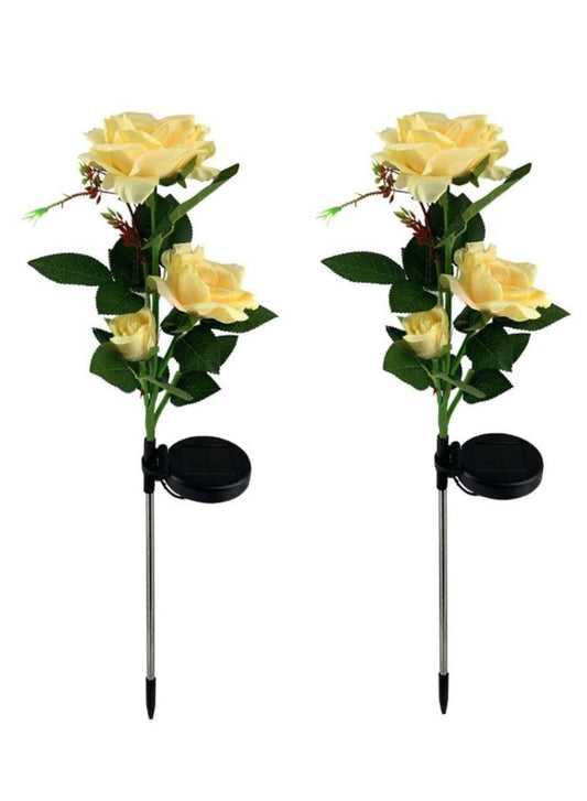 2 Pcs Beautiful Waterproof Solar Powered LED Artificial Plants For Outdoor Garden, Yellow Rose