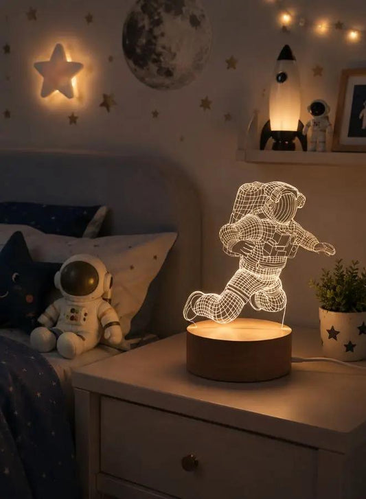 Creative Night Light 3D Warm White Acrylic/Wooden Base Bedroom Small Decorative 3D Lamp Night Lights For Home Decoration, Spaceman