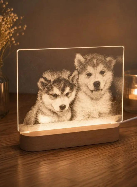 3D Acrylic Night Light Table Lamp with Wooden Base – Huskies Design, Perfect Gift for Birthday, Anniversary & Home Décor