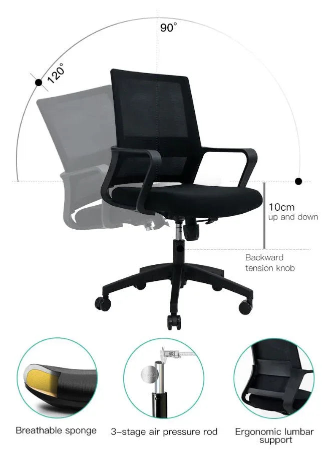 كرسي مكتب شبكي دوار مريح بإطار أسود بدون مسند للرأس، مريح وأنيق للمكتب والمنزل والمحلات التجارية