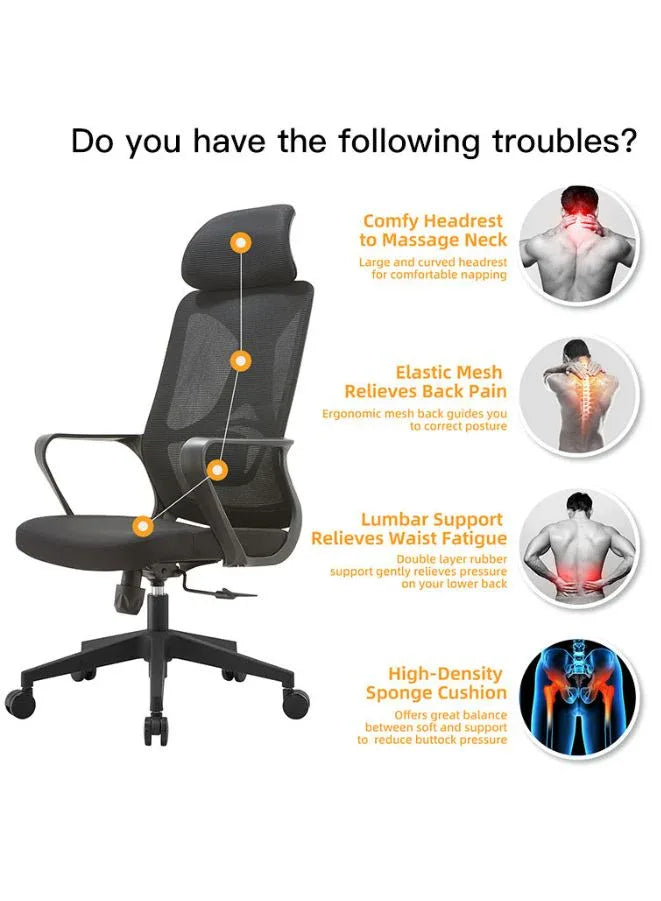 كرسي مكتب تنفيذي عالي الظهر مع مسند للرأس، ارتفاع قابل للتعديل وقاعدة من الكروم للمكتب والمنزل 