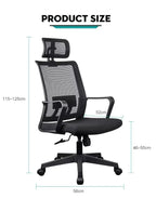 Black office chair with dimensions labeled on a white background