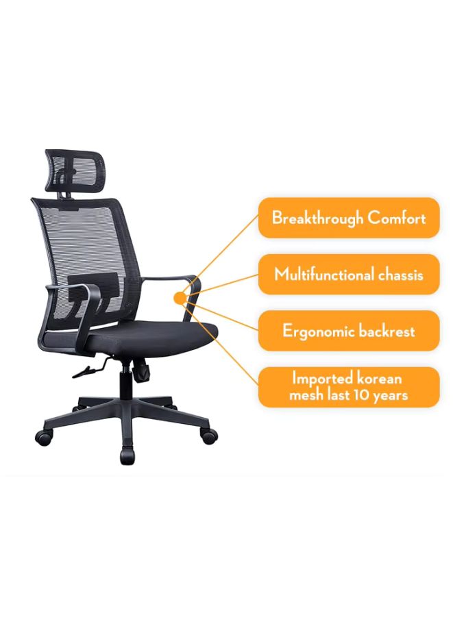 Black office chair with features highlighted on a white background