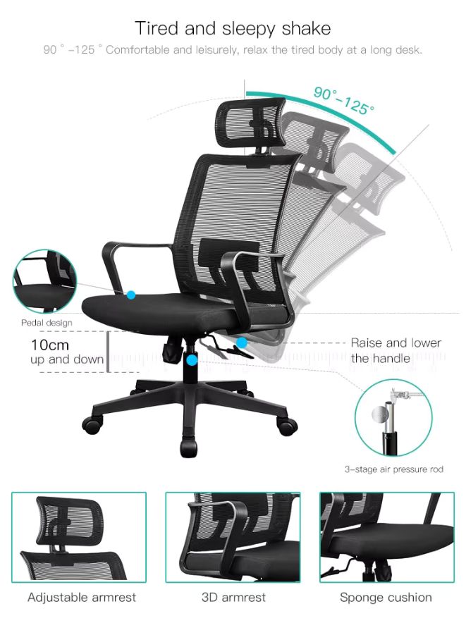 Black office chair with adjustable features on a white background