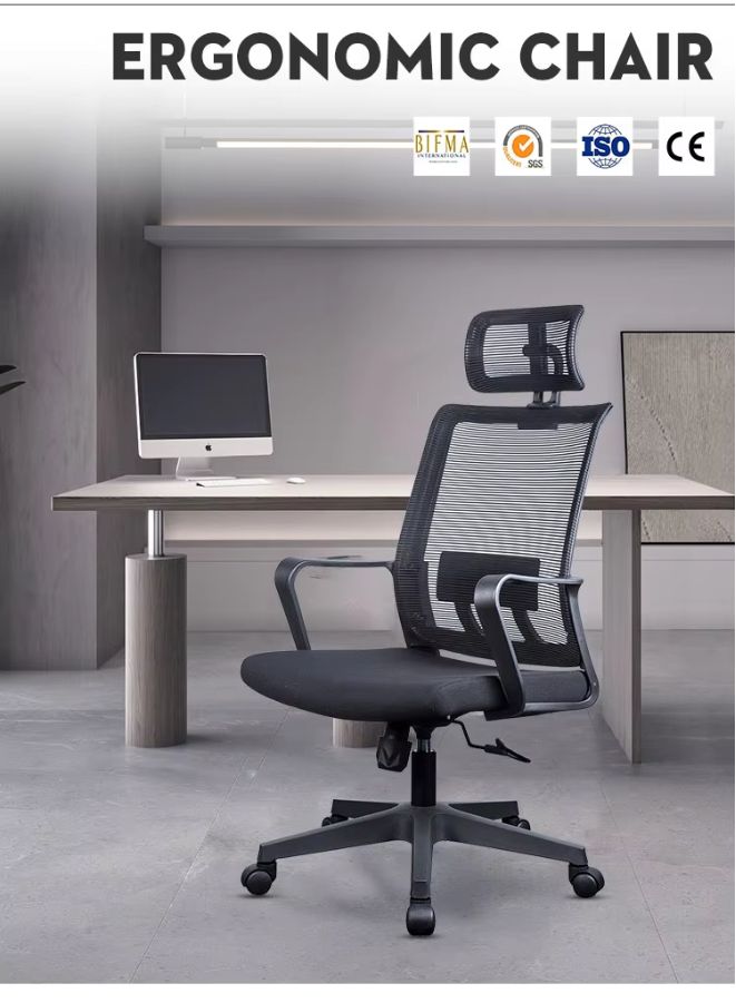 Ergonomic chair in an office setting with a desk and computer.