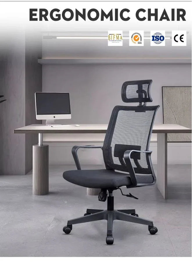 Ergonomic chair in an office setting with a desk and computer.