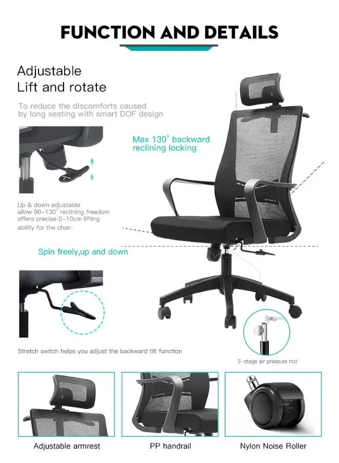 Ergonomic Mesh Office Chair with Adjustable Headrest, Breathable Mesh Back and Armrest, Molded Sponge Seat, Tilt and Height Adjustable Mechanism