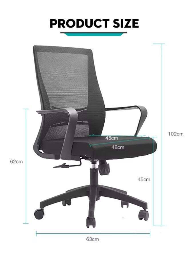 Black office chair with measurements on a white background