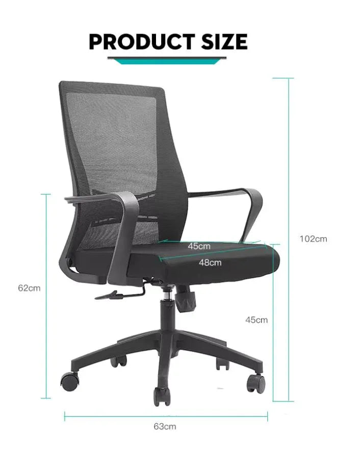 Black office chair with measurements on a white background