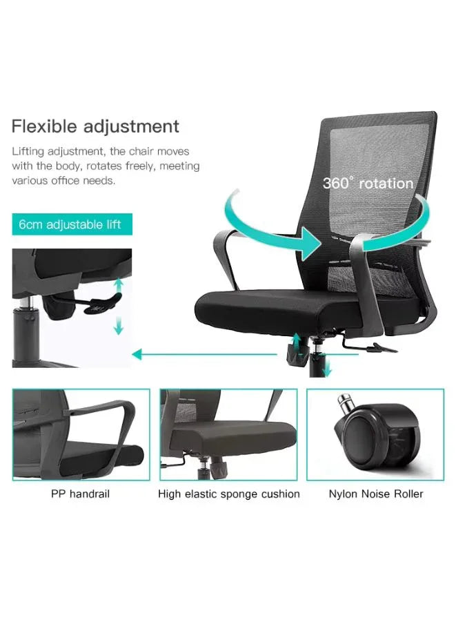 Ergonomic office chair with features highlighted on a white background